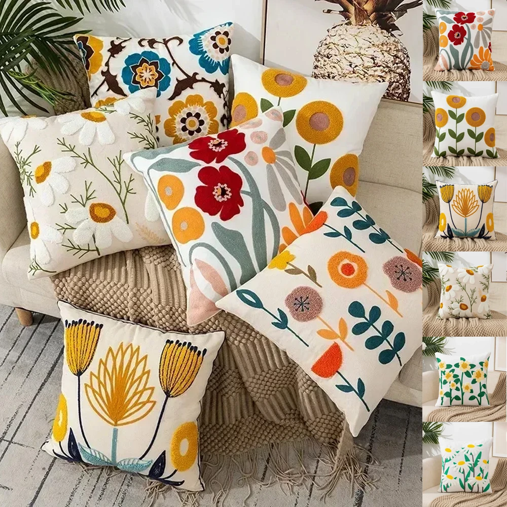 Canva Floral Embroidered Cushion Cover Cotton 45x45cm Countryside Stely Ornamental Pillow Case for Living Room Luxury Home Decor