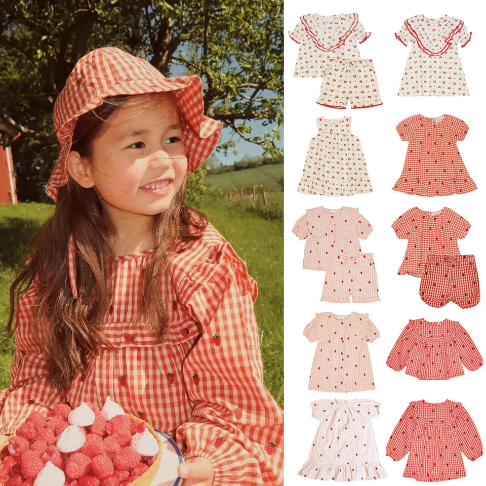 

2025 Summer New Checkered Strawberry Short Sleeve Girls' Top Set Dress Floral Shorts