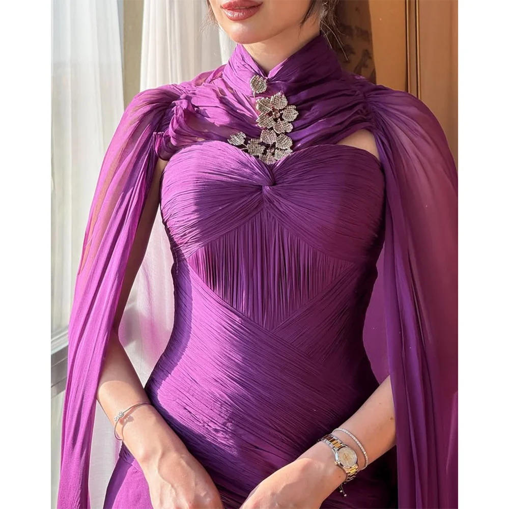 

Purple Evening Dress Customized High Neck Cloak Elegant Evening Gowns Pleated Chiffon Mermaid Formal Party Dresses Long