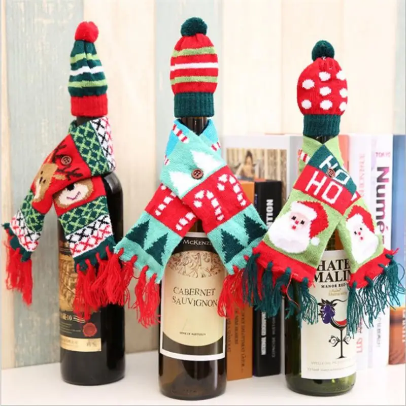 New Christmas Wine Bottle Cover Set Santa Snowman Woven Wine Bottle Bags for Christmas Party Dinner Table Decorations Gifts