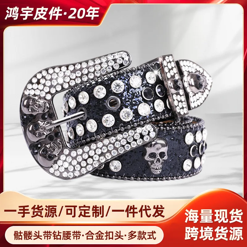 Western Skull Design Rhinestone Rivet PU Leather Men Belt Fashion Jeans Dress Punk Belt for Womens