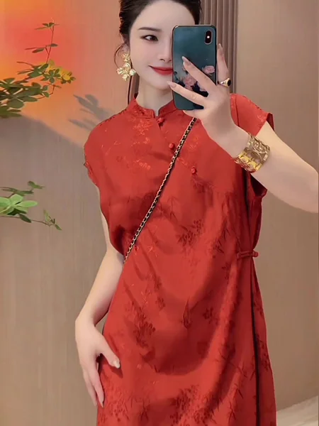 

Orange Summer Dress Young Revised Pear Body Shape Girl New Chinese Long Commute Style Sleeveless Stand Collar Pure ...