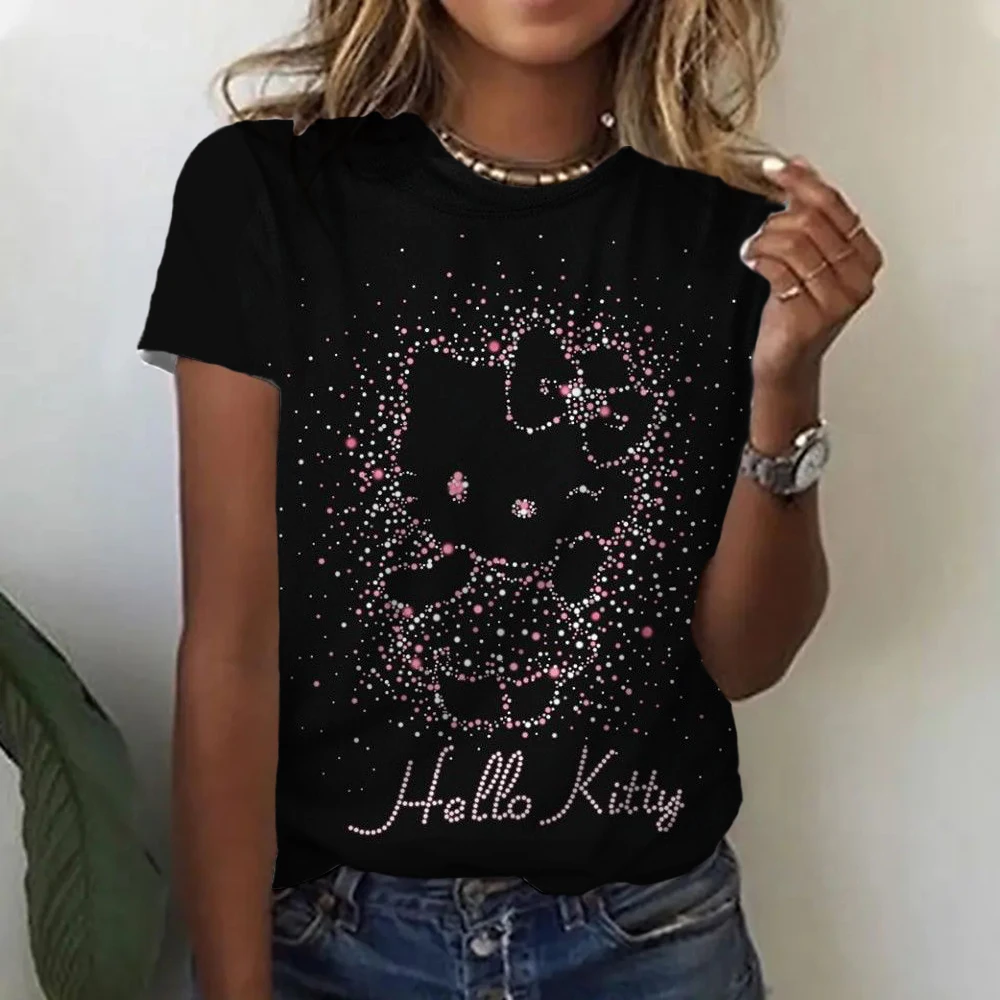 Comfortable Casual Women\'s Clothing Black Top Girl Women\'s T-shirt Casual Kawaii Hello Kitty Cartoon Pattern Print Tshirt