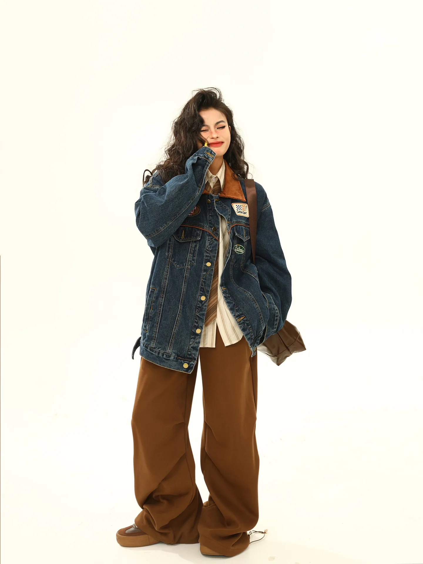 Women Motorcycle Trendy Brand Turn-down Collar Jacket Loose Retro American Denim Coat Autumn Casual Patchwork Y2k Tops Fashion