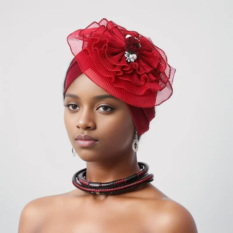 

New Big Flower Turban Women Muslim Hijab Cap African Auto Gele Headtie Aso Oke Hat Nigeria Wedding Headpiece Headscarf Bonnet