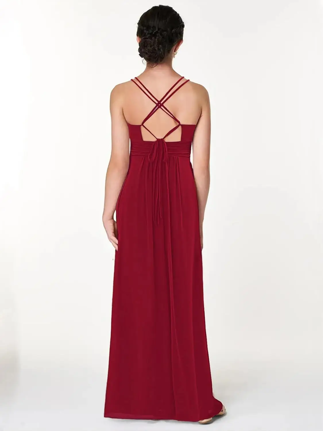 Uma linha com decote em V vestidos de dama de honra júnior vestido de menina de flor de chiffon plissado com alças cruzadas