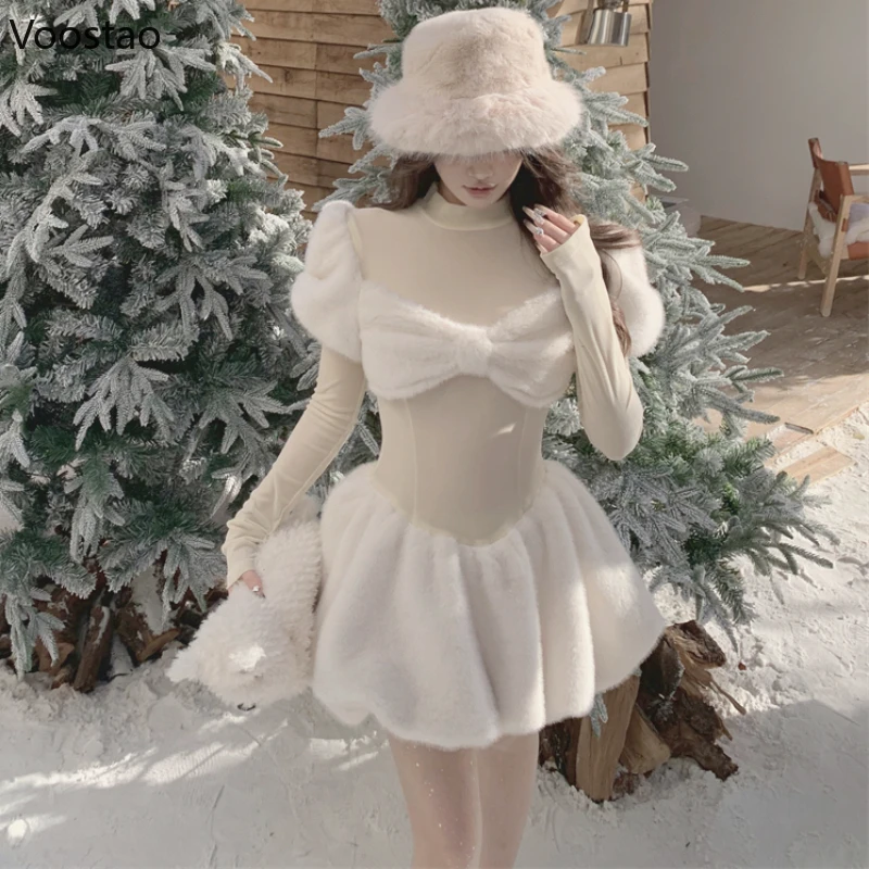 Autumn Winter Sweet Lolita Style Dress Women Casual Plush Patchwork Elegant Bodycon Mini Dress Y2k Korean Fashion Party Dresses