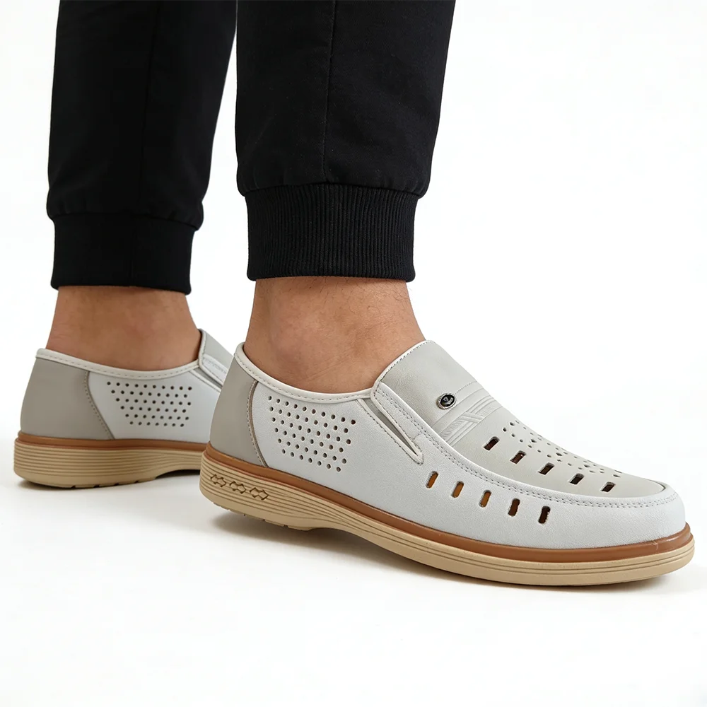 

Mens Summer Breathable Leather Loafers White Slip-On Casual Business Driving Moccasins Comfortable Office Shoes D947