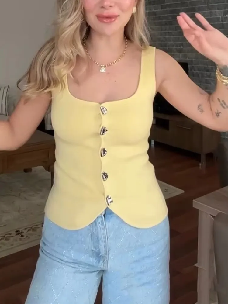 

Yellow Knitted Vests For Women Elegant Sleeveless Single Breasted Cropped Vest 2025 New Summer Solid Casual Chic Waistcoat Lady