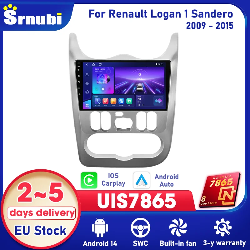Srnubi Automotive Intelligent Systems Carplay 9 pouces Autoradio GPS Navigation Multimédia Stéréo 4G Bluetooth Ventilateur de refroidissement pour Renault Logan 1 Sandero 2009-2015 Écran tactile