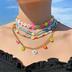 Trendy Bohemia Colorful Beads Chain Choker Necklace for Women Men Girls Lovely Small Flower Accessories Necklaces Jewelry Gifts