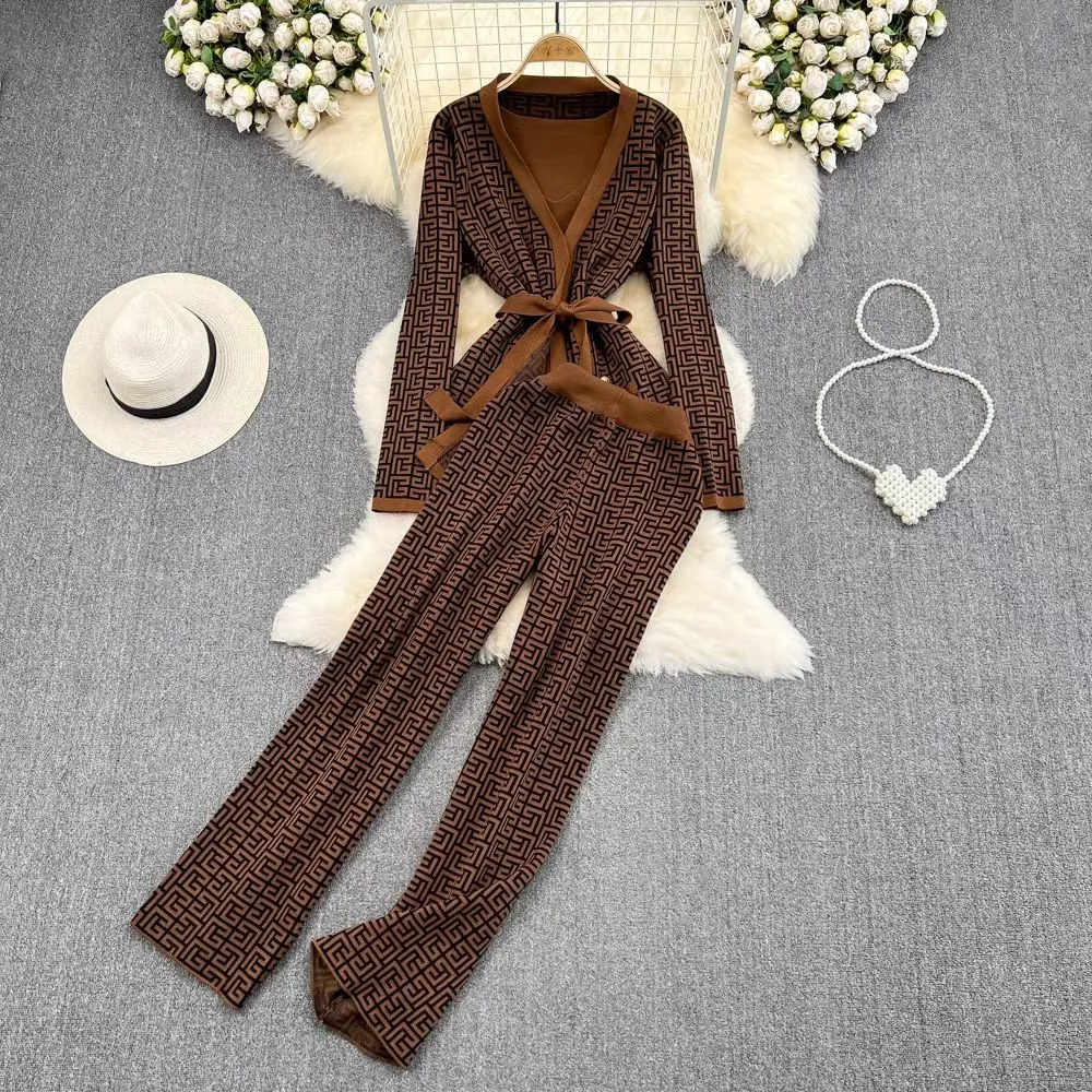 Women's Casual Temperament V-neck Waist Tied Knit Cardigan Top Three Piece High Waisted Wide Leg Pants