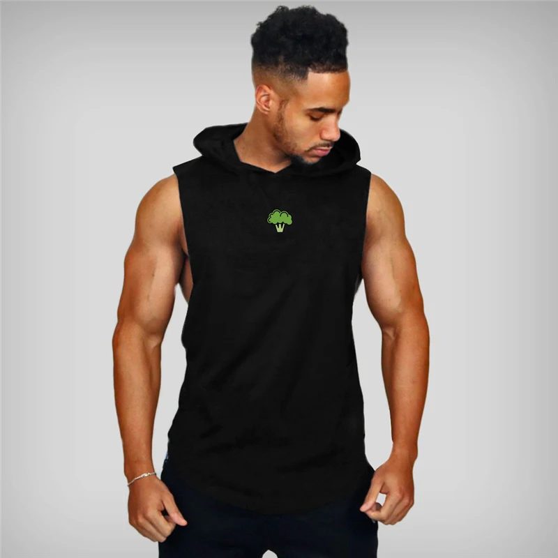 Mens Casual Gym Sleeveless Hoodie Cotton Curved Hem Muscle Tank Tops Workout Bodybuilding Running Hooded Vest Shirt