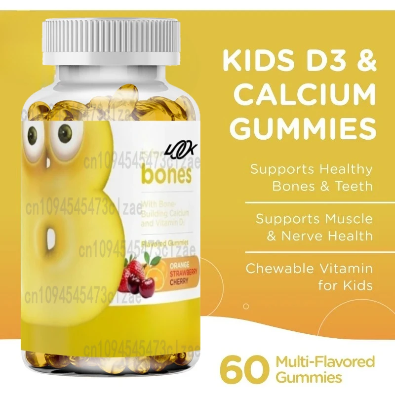 Gomitas infantiles de calcio y vitamina D - Suplemento de calcio de 250 mg, vitamina D3 - Apoya huesos y dientes saludables (60 pastillas)