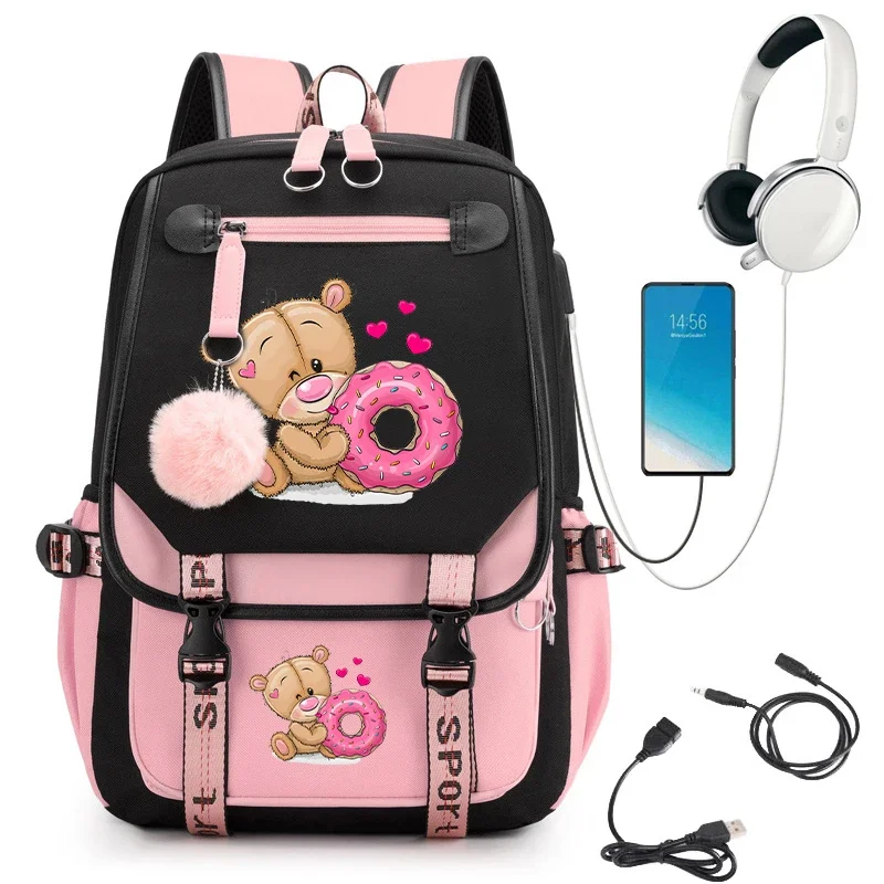 Primary Secondary School Backpack Teddy Bear with Donut School Bags Usb Charging Bagpack Teenager Girls Back Pack Kawaii Bookbag