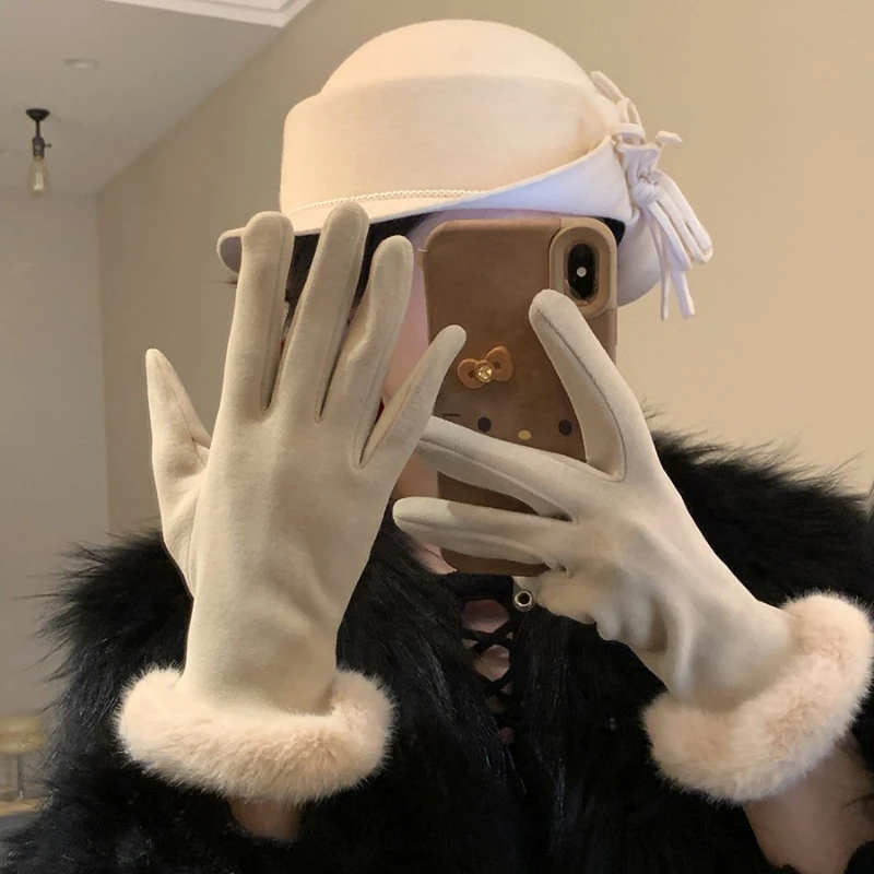 Korean Ins Luxury Imitation Rabbit Hair Gloves Female Winter Warm Elegant Touchable Gloves Dresses Coat Vintage Accessories