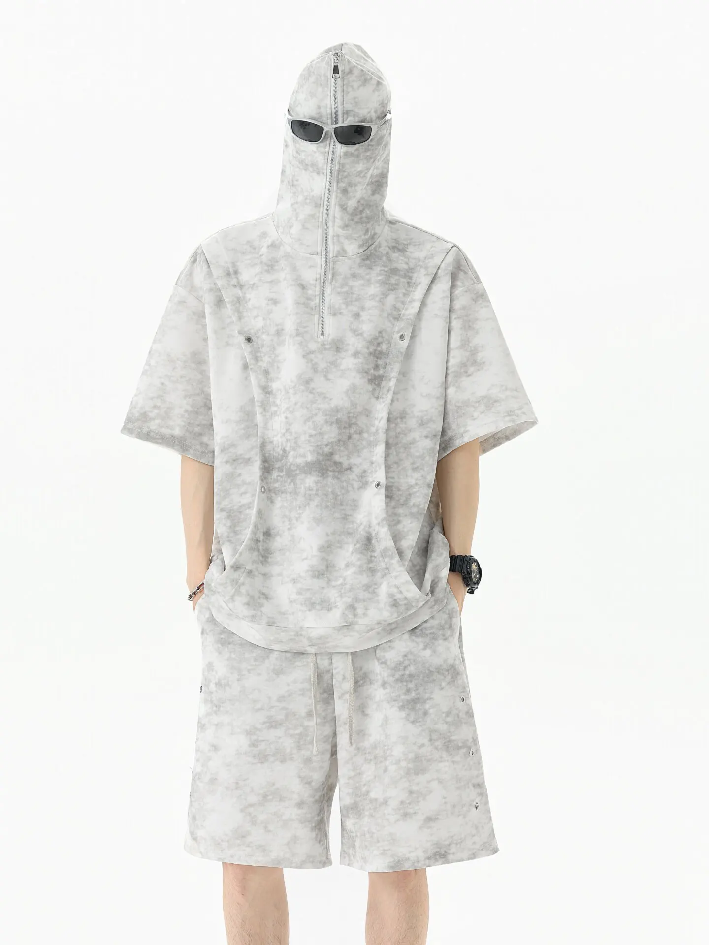 

Summer Men's Tie Dye Matching Set American Casual Fashion Loose High Street Hooded Half Zipper T-shirt Shorts Two-piece Sets