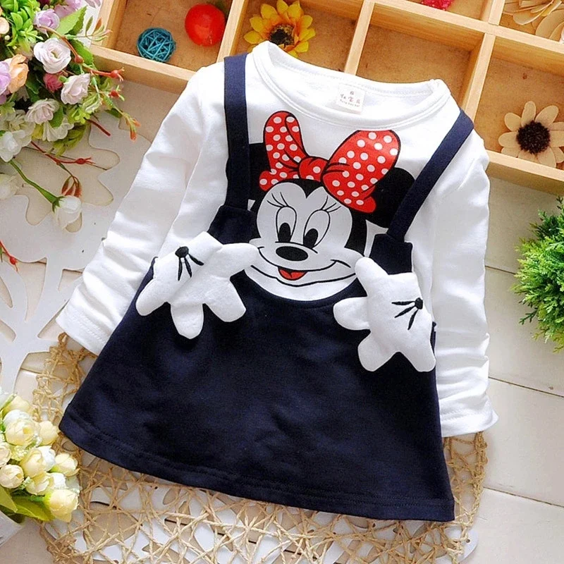 Spring Autumn Cotton Girls Dress Cartoon Mickey Minnie Mouse Print Beautiful Princess Party Long Sleeve Pajama Tops Kid Clothes