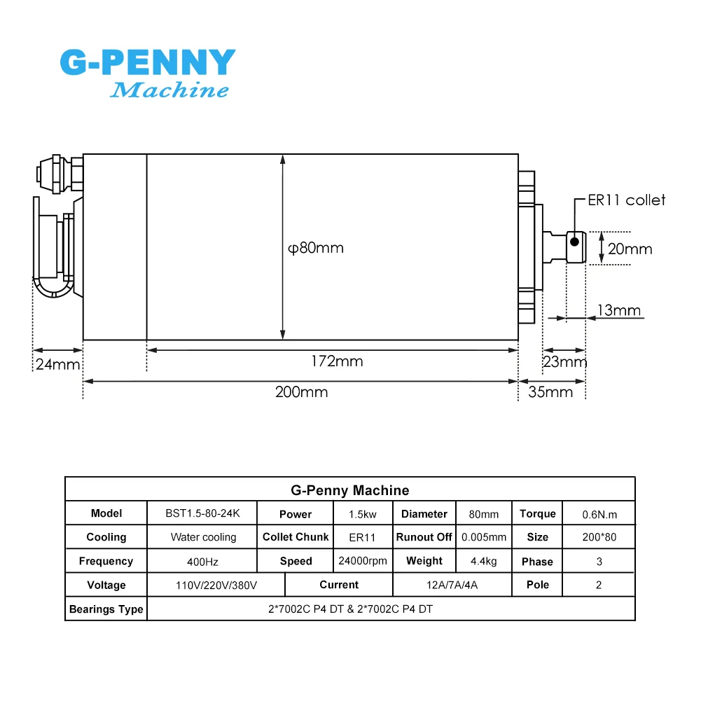 G‑Penny 1.5KW ER11 80mm Water Cooled Spindle Motor 4 Bearings 24000rpm 0.01mm Accuracy CNC Woodworking Milling Engraving