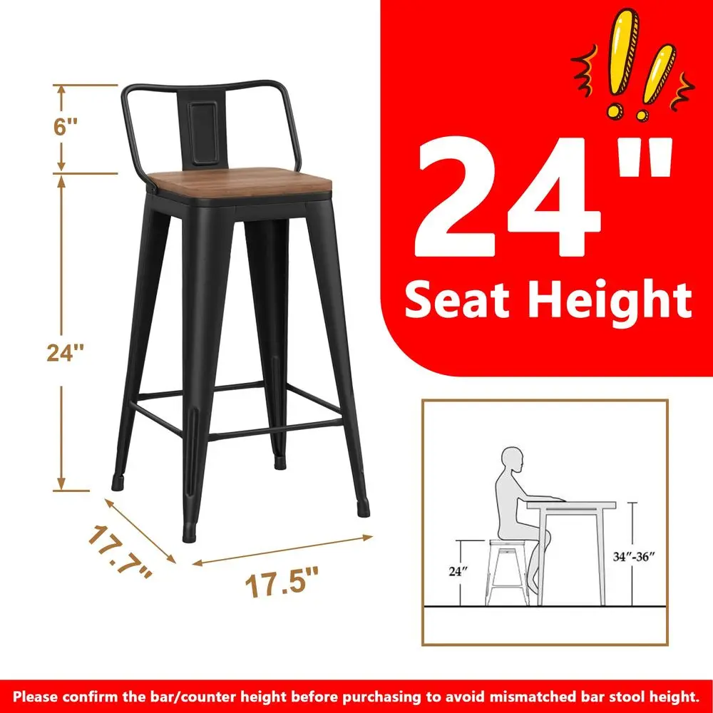 

Metal Bar Stools Set of 4 Counter Height Barstools with Removable Back 24 Kitchen Bar Stools with Wooden Seat, Black