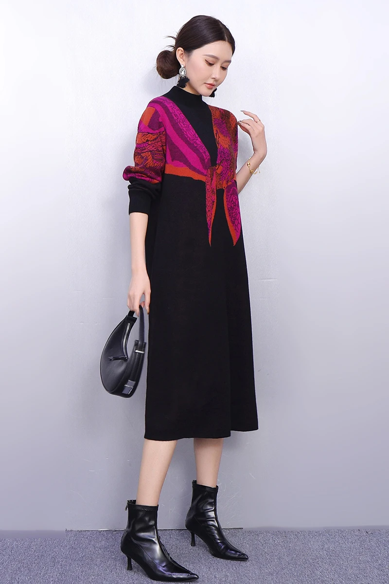 2025 Winter Elegante Frauen Casual Lose Gestrickte Gedruckt Lange Kleider Weibliche Lange Hülse Kontrast Farbe Kleid Großhandel J2101