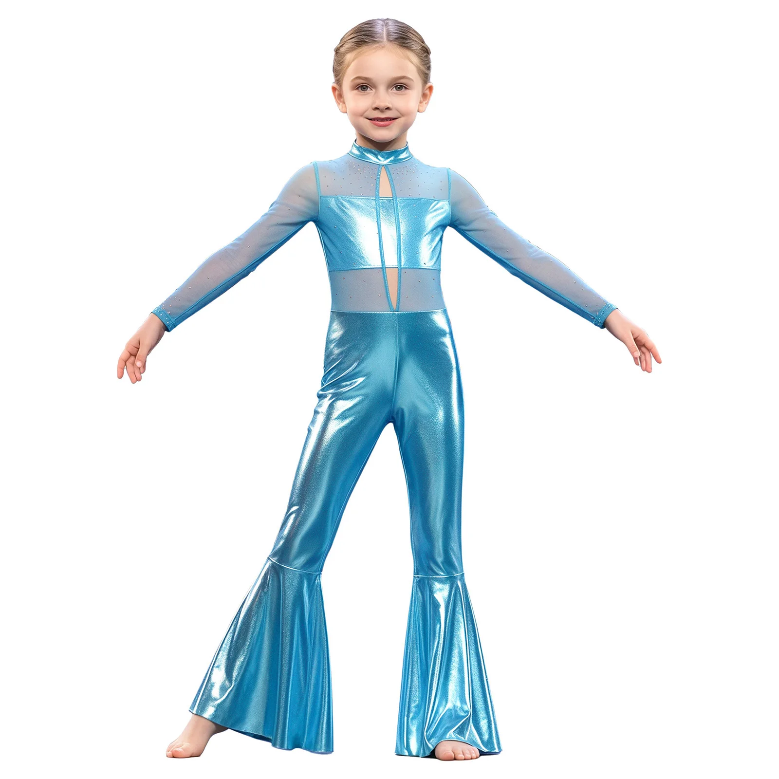 Kids Girls Metallic Disco Jazz Modern Dance Jumpsuit Long Sleeve Cutout Mesh Rhinestone Bell-bottom Bodysuit Performance Costume