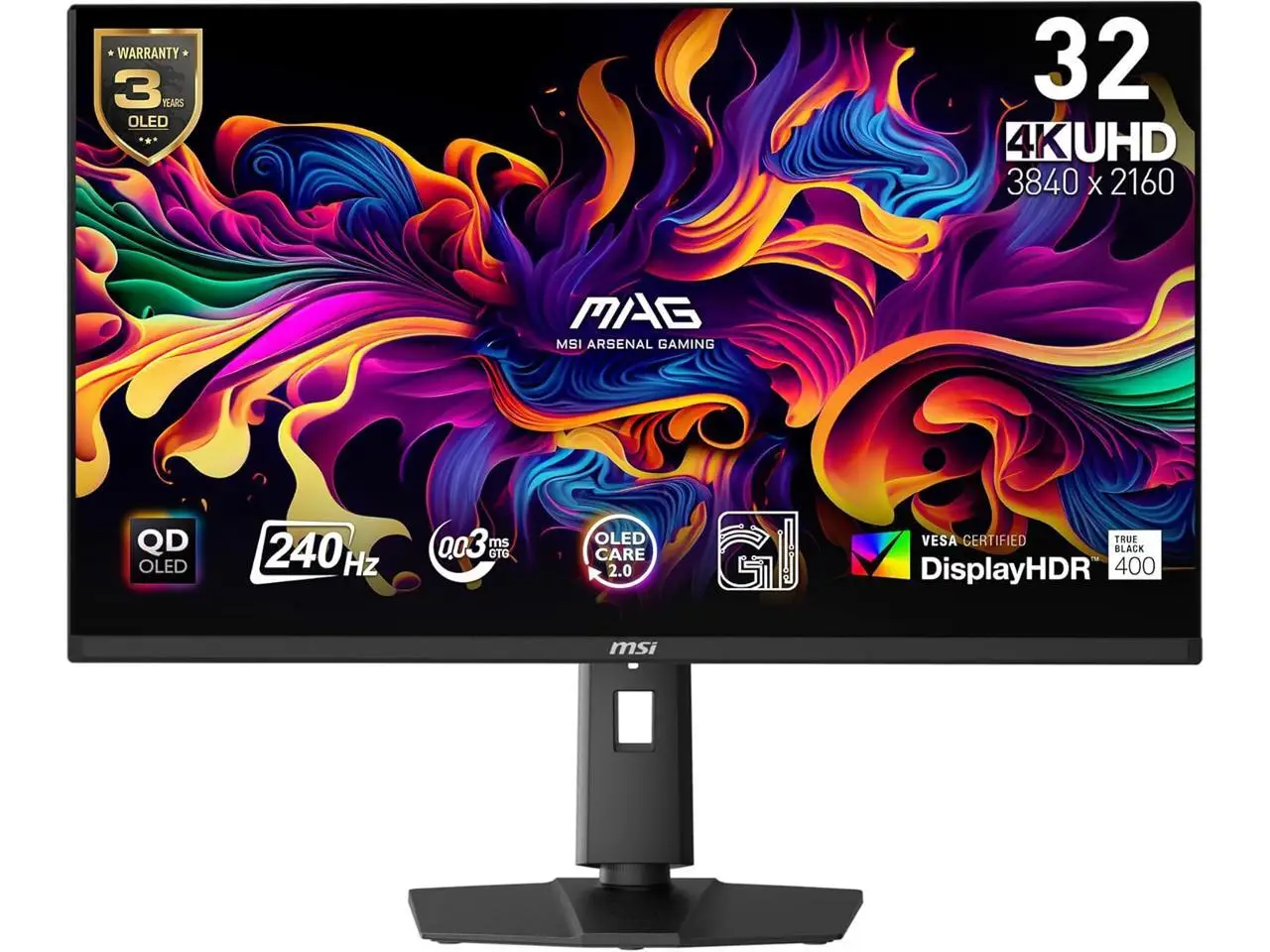 MSI 32" UHD 4K 240Hz AMD FreeSync Premium 0.03ms HDR400 OLED Gaming Computer Monitor with Height Adjustable, Swivel, Pivot & Tilt stand MAG 321UPX QD-OLED