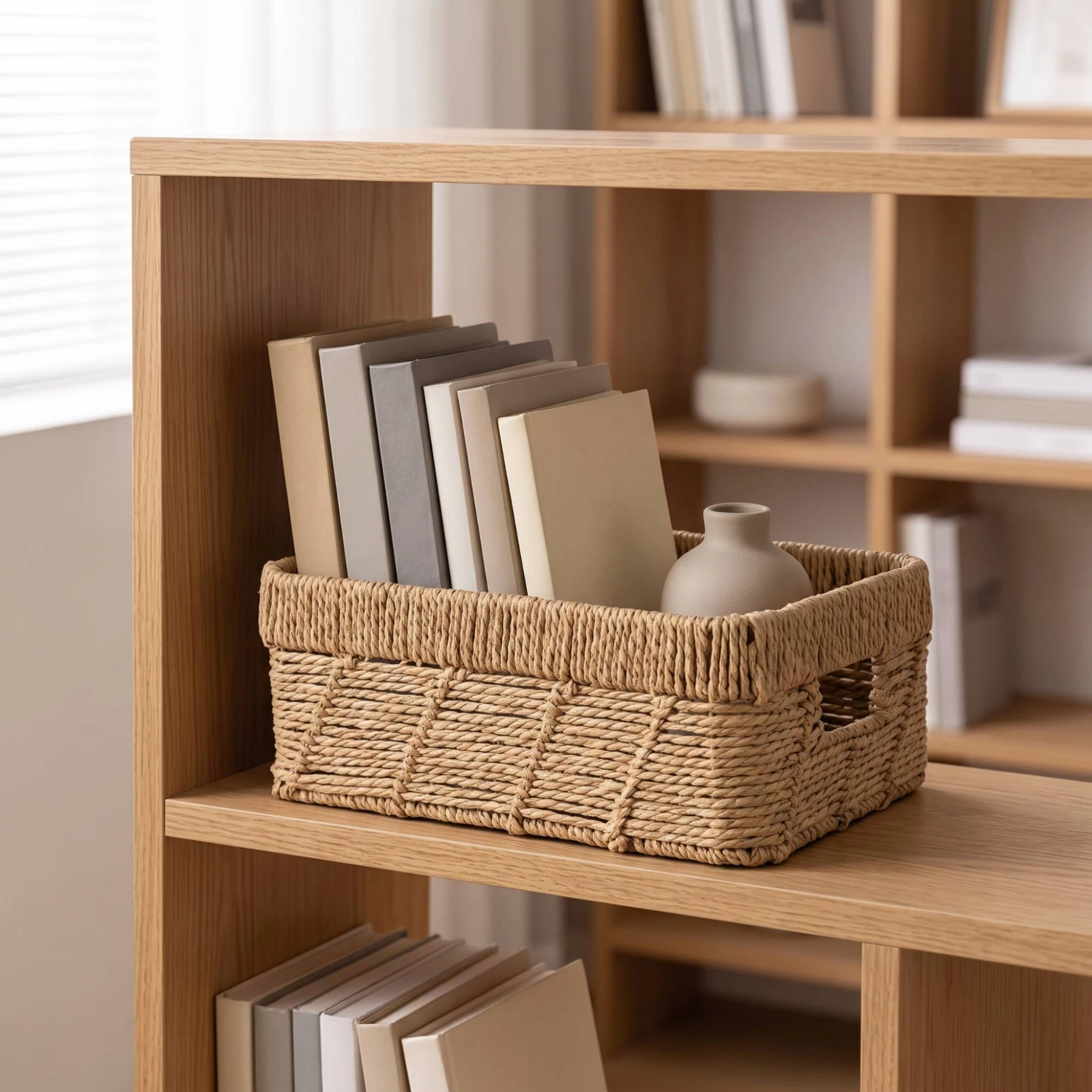 Woven Storage Basket with Handles Rectangular Storage Basket with Handles Braided Open-Top for Home Organization, Closet