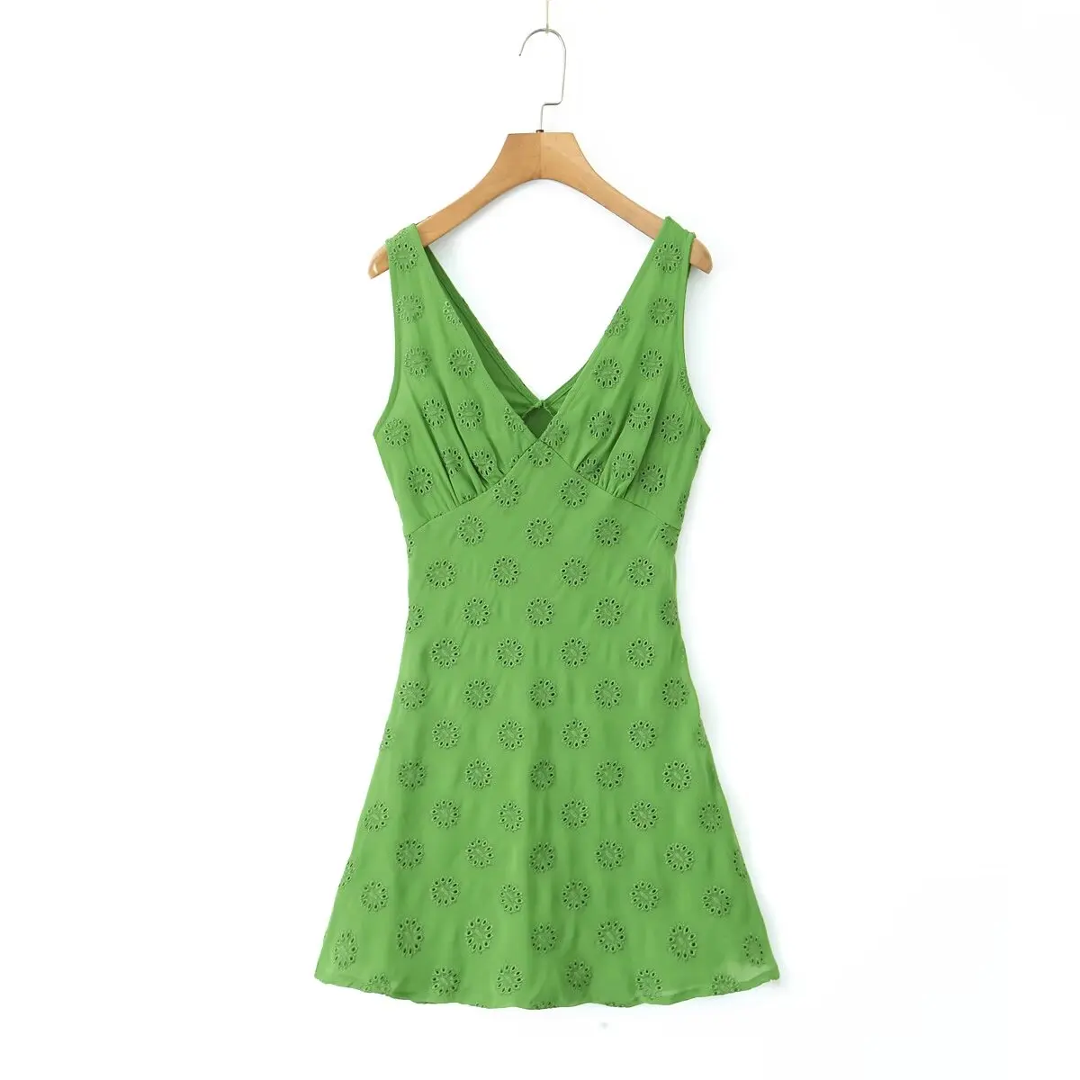 Strive & Di-Mini robe verte brodée vintage française pour femme, robe précieuse à col en V pour l'été