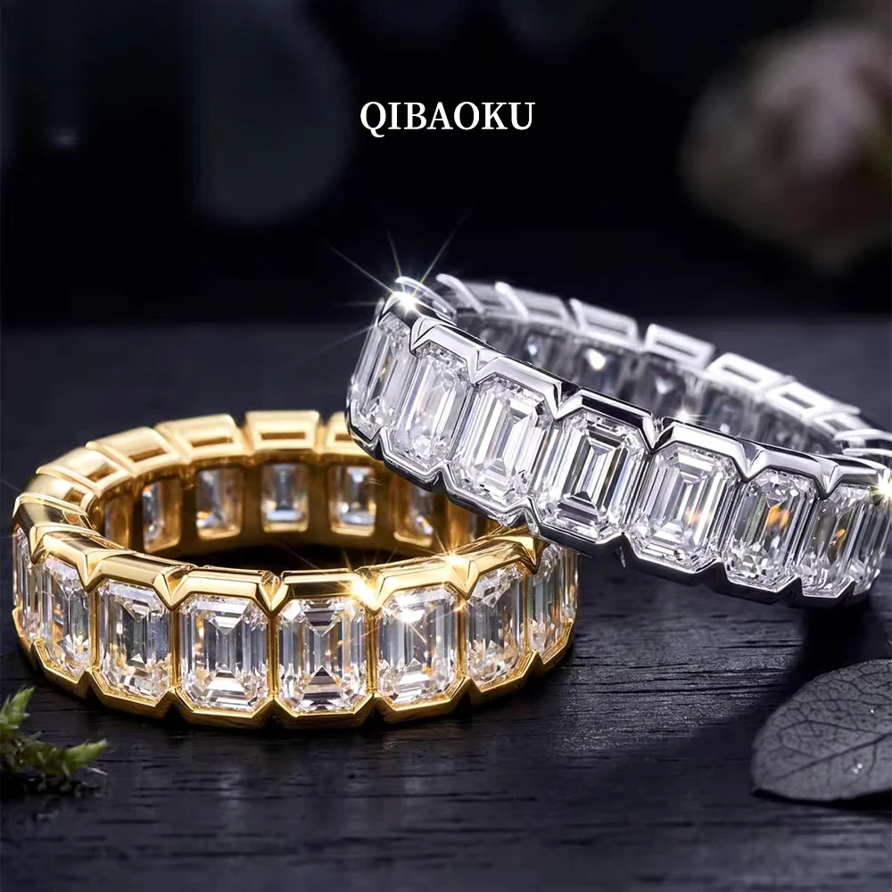 QIBAOKU Half Bezel Set 3*5mm Emerald Moissanite Eternity Ring S925 Sterling Silver for Women Hiphop Row Band Gifts Jewelry 2026