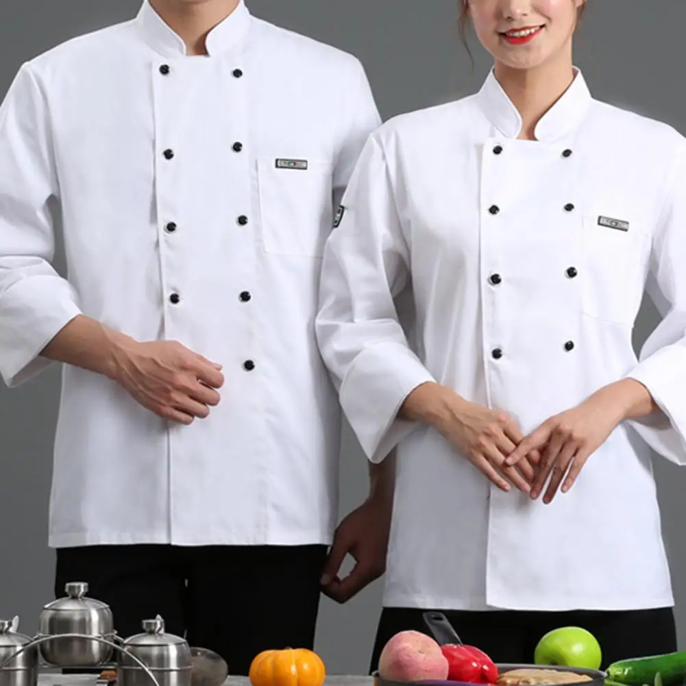 Unisex koksshirt kokskleding chef-kok top effen kleur zak lange mouw lichtgewicht double-breasted catering knoppen koksshirt