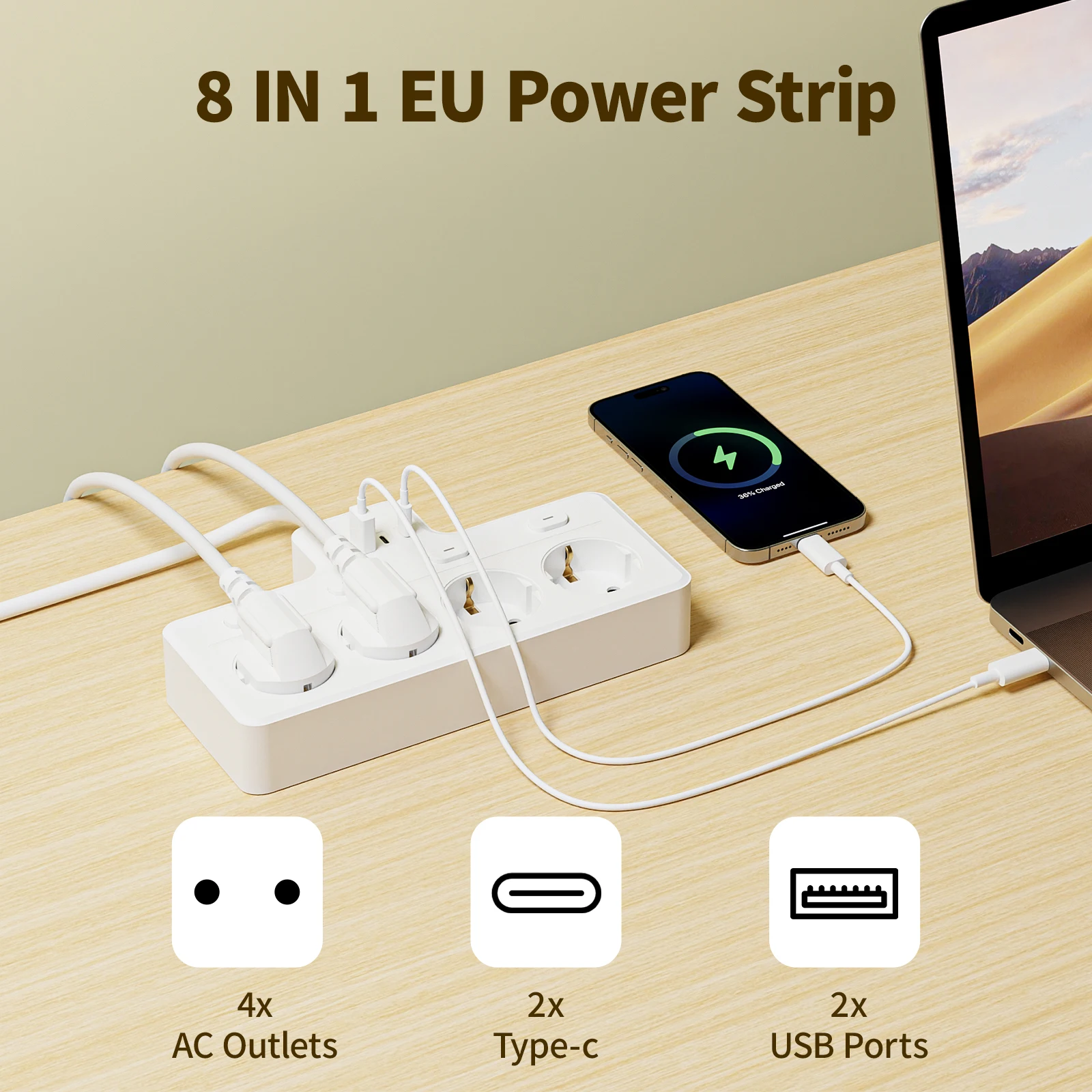 8-in-1 EU power board, multi-switch power extension cord plug-in board, 4 AC sockets, 2 USB 2 Type-C, desktop wall charging stat