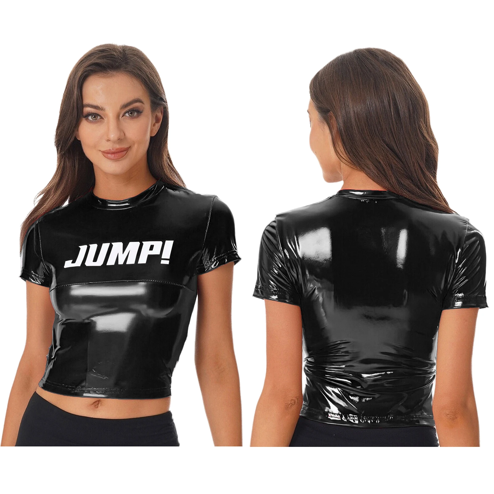 Womens Sleek Glossy Crop Top Letter Print And Crew Neck Tops for Birthday Party Hip Hop Jazz Stage Performance Dancewear