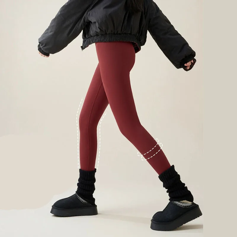 Leggings da donna in pile caldo autunno inverno velluto addensato leggings elastici attillati a vita alta streetwear moda pantaloni di pelle di squalo rosso