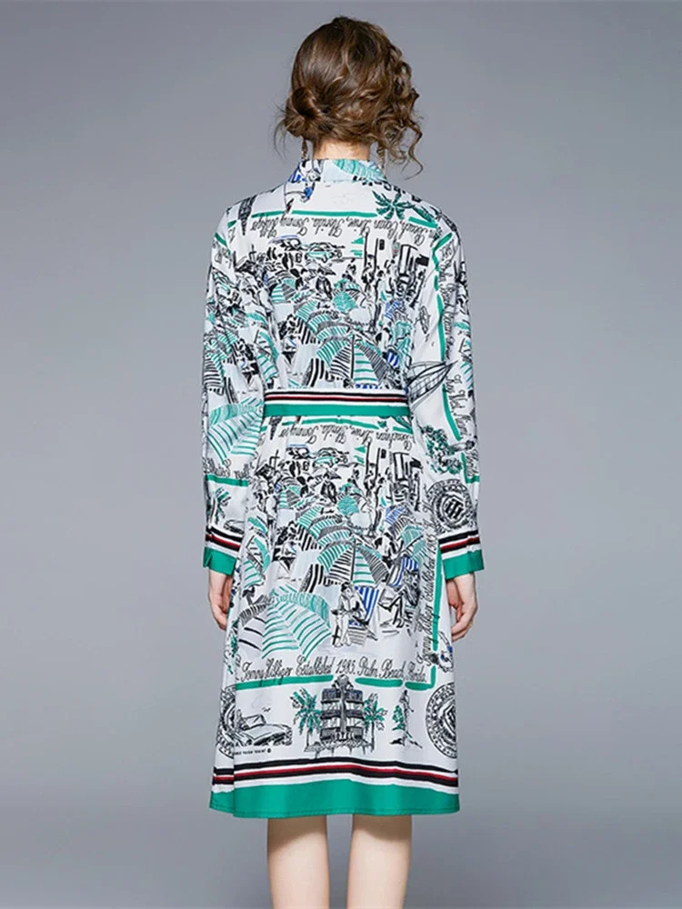 New Fashion Vintage Shirt Dress Women Office Formal Long Sleeve Single Breasted A Line Lace Up Female Chiffon Midi Vestidos