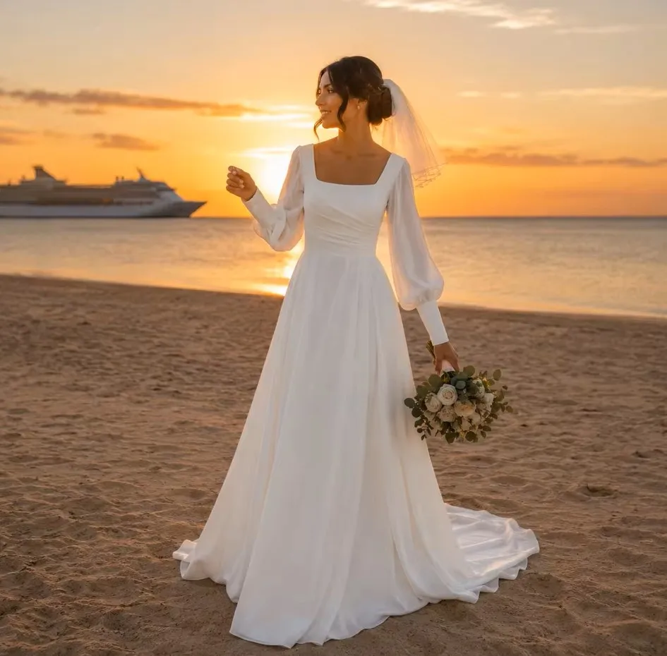 A Line Chiffon Wedding Dress Women's Square Neck Long Sleeve Ruched Button Brides Dress Sweep Train Bridal Gown Vestido De Novia