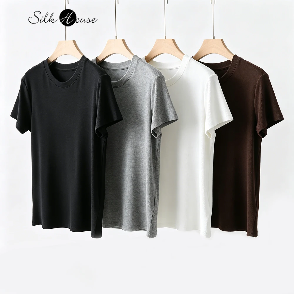 

Women's Casual Summer Clothing Natural Mulberry Silk Lyocell Blend Round Neck Short Sleeved Skin-friendly Breathable T-shirt