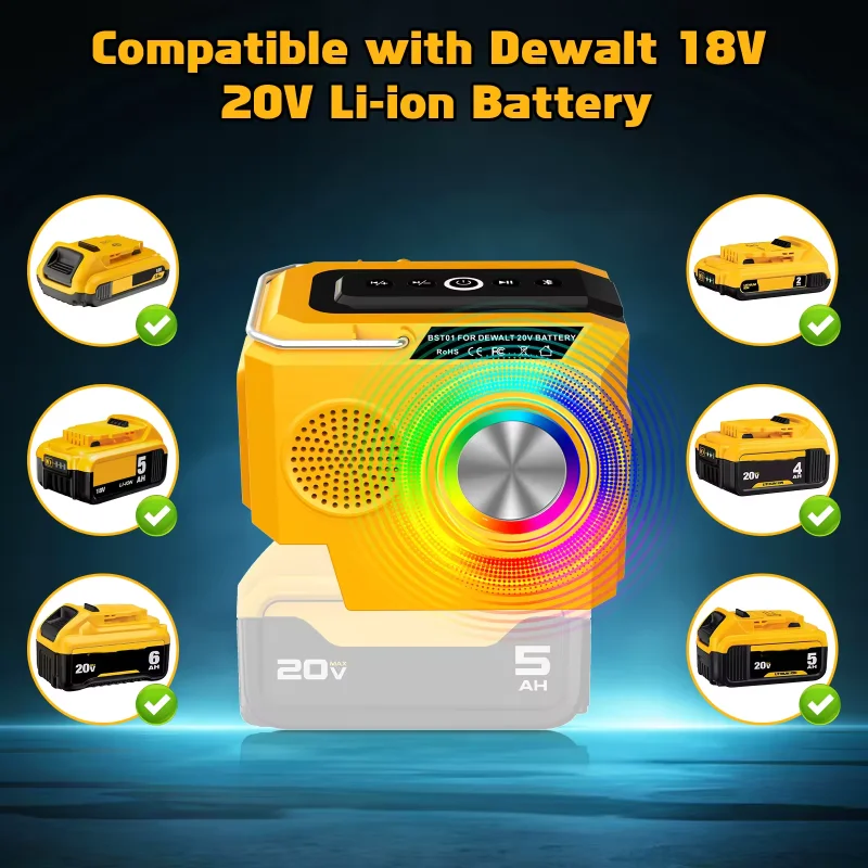 Portable Speaker For Dewalt 18-20V Li-ion Battery DCB203 DCB207 With USB Type-C Output Port Bluetooth Player Loudspeaker