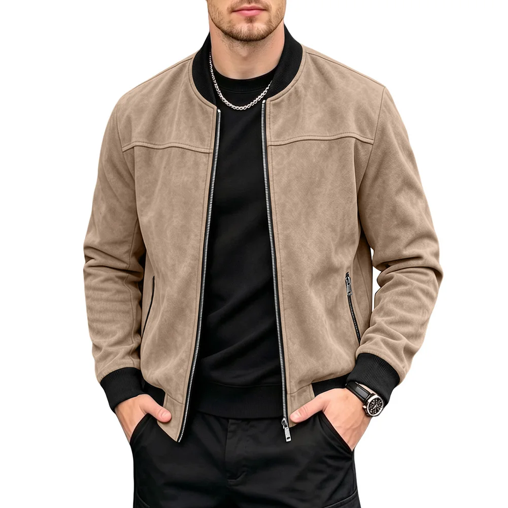 Long Sleeve Coat Men Suede Jacket For Spring Autumn Season 95 Polyester 5 Spandex Solid Color Pattern Regular Clothing Length