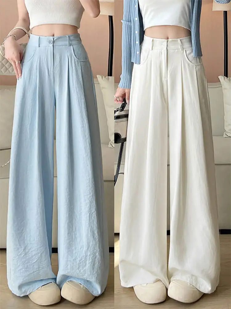 

Корейские брюки для похудения с высокой талией и широкими штанинами, женские летние тонкие свободные брюки прямого кроя, костюм для невысоких женщин