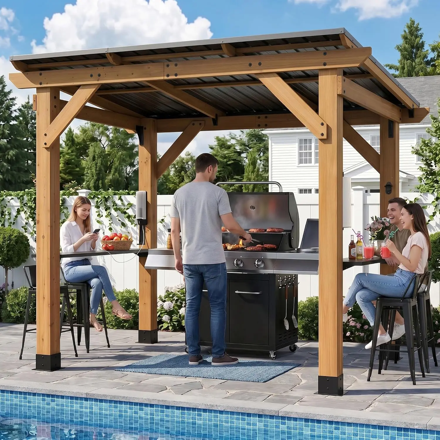 Cedar Wood Grill Gazebo 6x8 FT Hardtop BBQ Pavilion Power Outlets Dual Shelves Bottle Opener Outdoor Patio, Customized