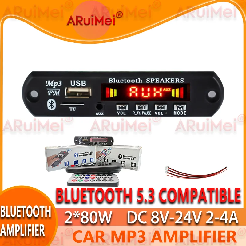 

160W Amplifier Bluetooth 5.0 MP3 Decoder Board, Wireless Car Audio Receiver with USB/TF Card Slot, FM Radio Mic