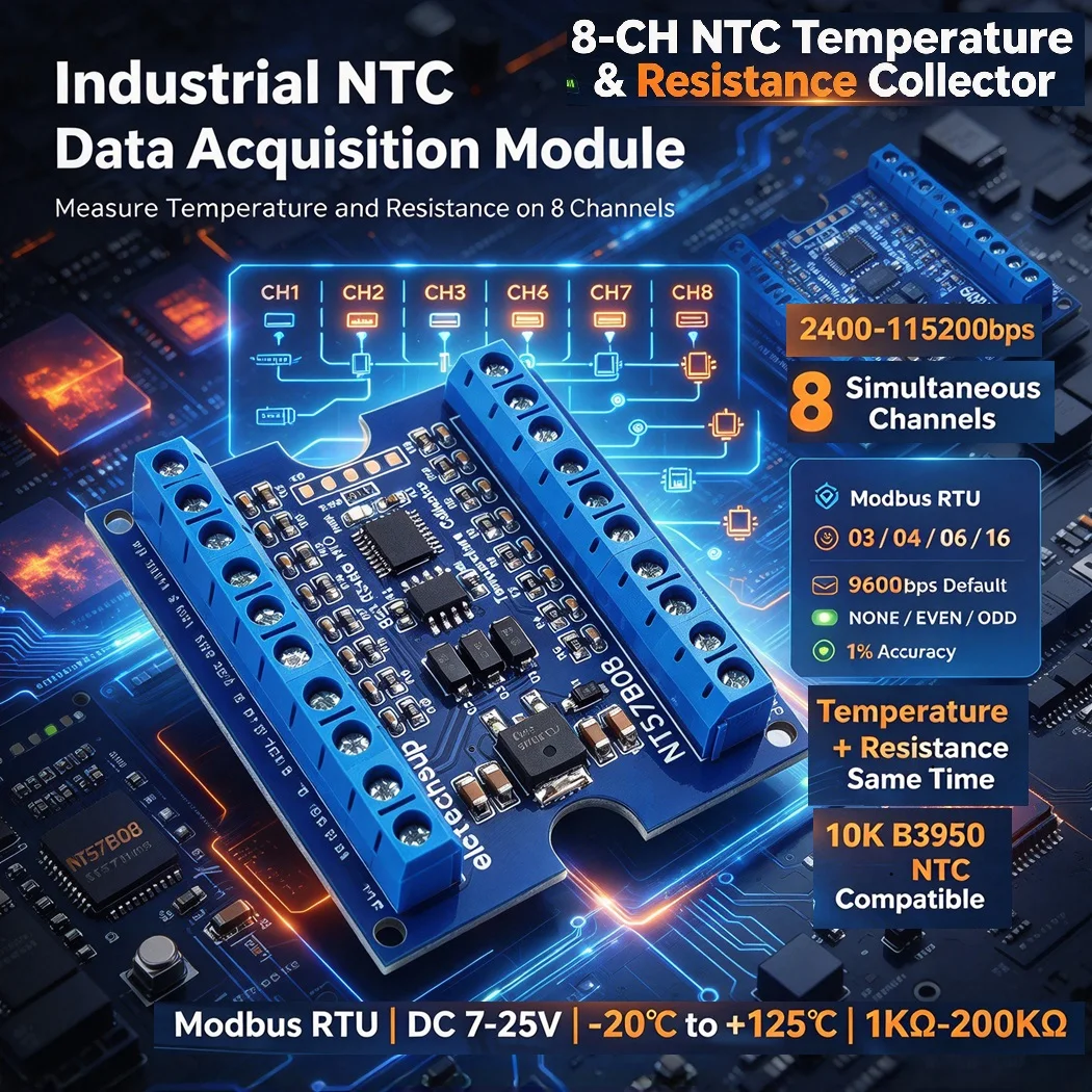 NT57B08 Eletechsup 8CH NTC Temperature Collector Modbus RTU DC7-25V 1K to 200K ohm Resistance Measurement DIN Rail