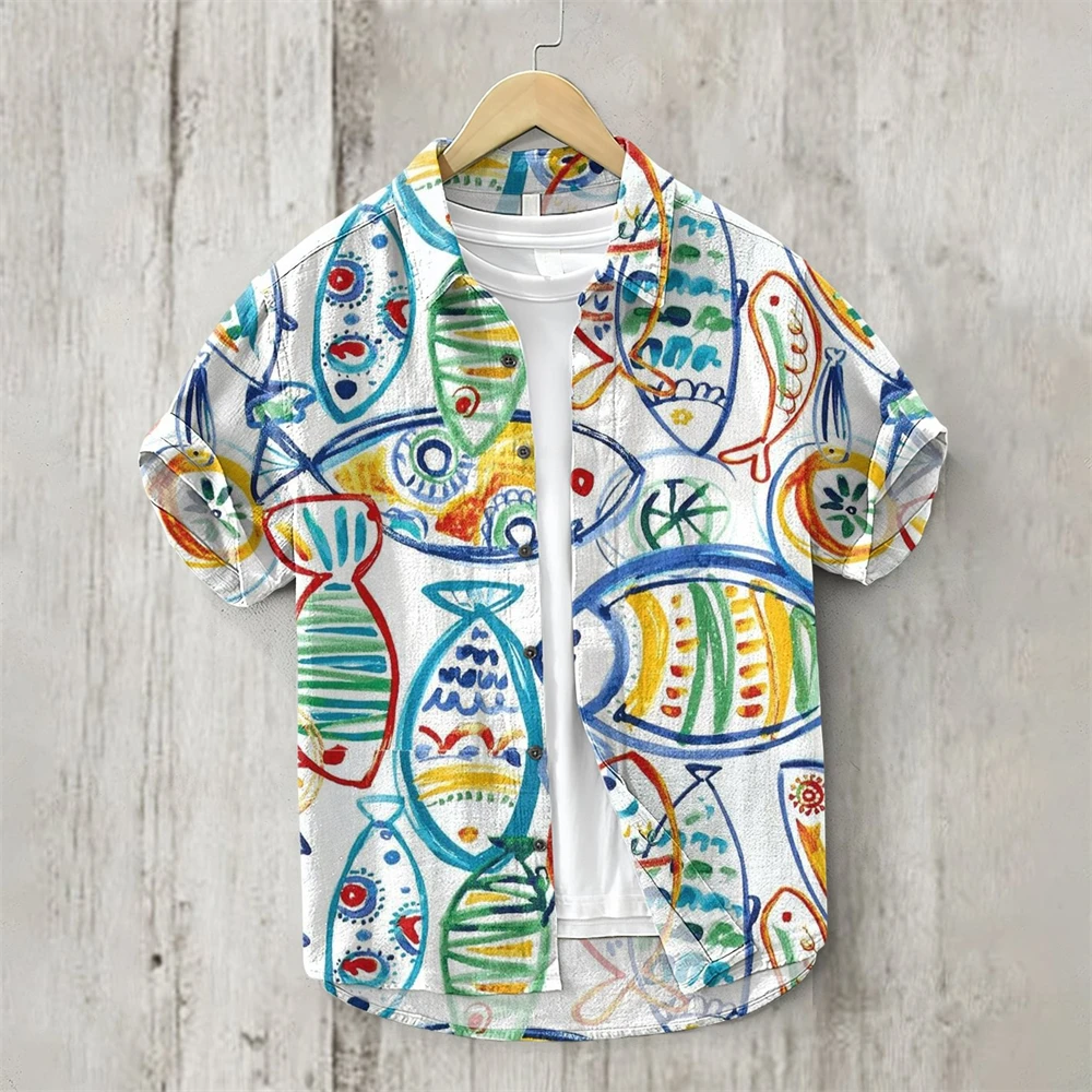 

Летняя мужская рубашка с коротким рукавом, льняная смешанная одежда с принтом, повседневные дышащие мужские топы с гавайскими лацканами и карпом