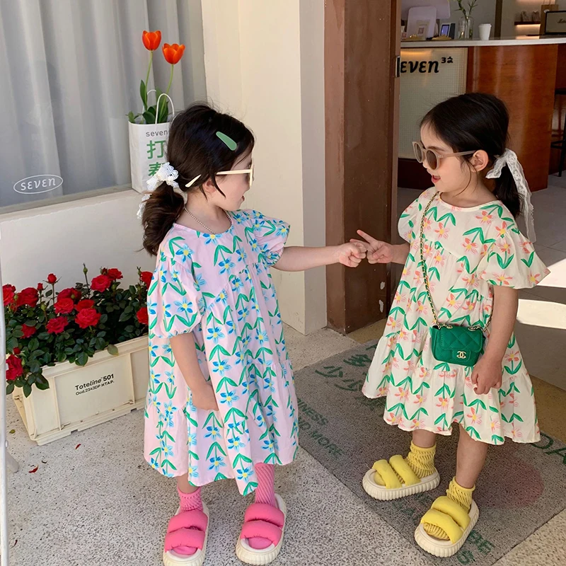 MILANCEL 2022 New Girls Dress Round Neck Puff Sleeve Floral Long Dress Children Clothes Kids