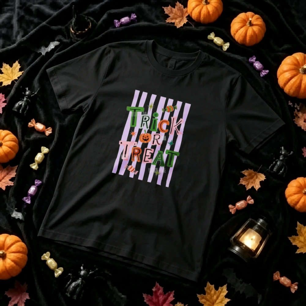 Halloween Trick or Treat Shirt Women Orange Retro Striped Pumpkin Graphic Tee Oversized Loose Fit Short Sleeve Party Costume Top