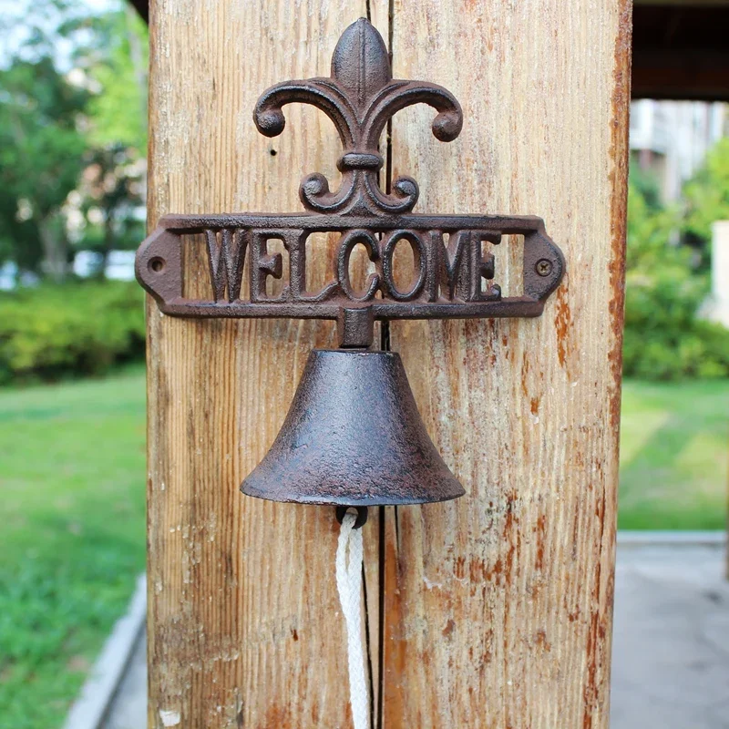 Rustic Fleur De Lis Cast Iron Wall Bell With Welcome Signs Plaques Farm House Heavy Metal Wall Mounted Hand Cranking Door Bell