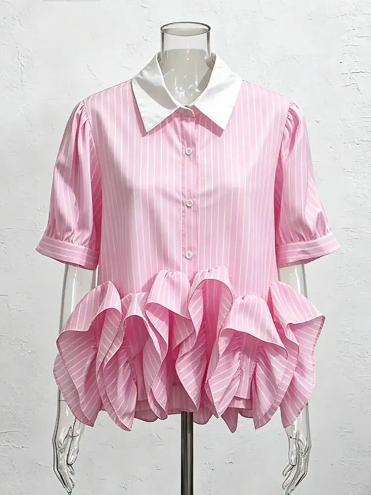 ONEXWEN Women Vertical Stripe Lapel Shirt Short Sleeve Button Down Blouse Irregular Ruffle Casual Shirts Elegant Office ZM5362
