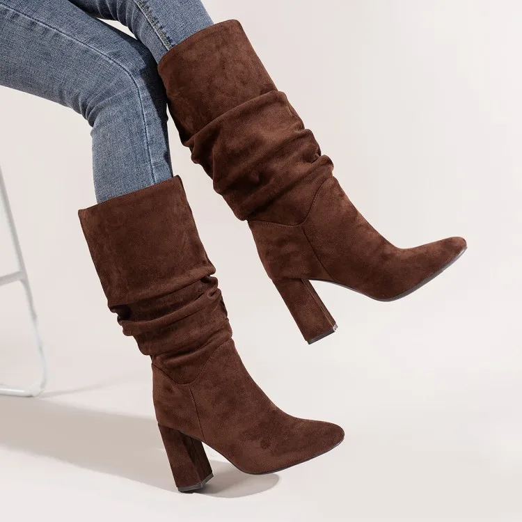 KM-ROYA Newly 2026 Winter Shoes 9CM Heel Mid-Calf Boots Fashion Suede Folds Fashion High Top High Heel Women's Boots