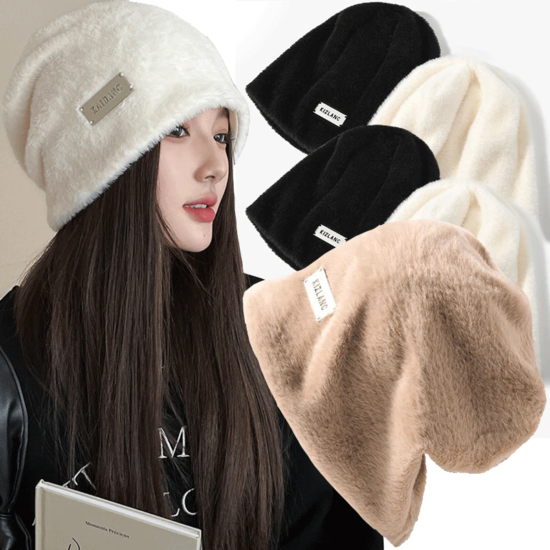 

Women Plush Baggy Beanies Hats Winter Thicken Warm Solid Fleece Wool Skullies Hat Outdoor Coldproof Caps Female Gorros Bonnet